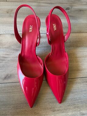 ZARA Bright Red Patent Slingback Pointed Pumps
